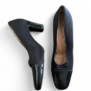 Vintage Sonia Rykiel Black Satin and Leather toe Square Block heel
